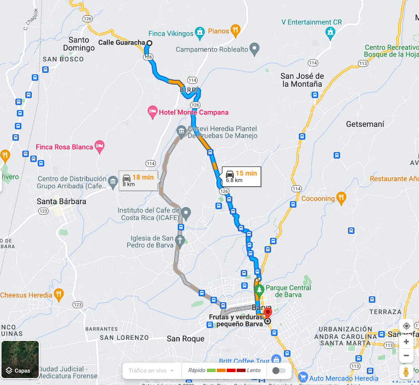 Route to Frutas y Verduras in Barva